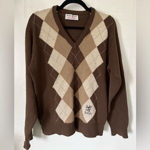 Pringle Sports Scotland V Neck Centre Argyle Lambswool Jumper in Brown